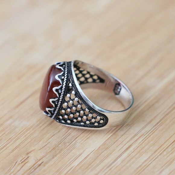 925 Sterling Silver Men's Rings with Red Agate - Picture 4 of 10